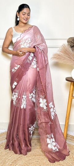 Pink and Majenta color Saree in Chinon Silk fabric with Embroidered, Sequence, Thread work