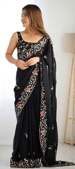 Black and Grey color Saree in Chiffon fabric with Embroidered, Sequence, Thread work