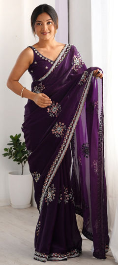 Purple and Violet color Saree in Satin Silk fabric with Bugle Beads, Sequence work