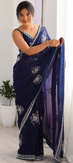 Blue color Saree in Satin Silk fabric with Bugle Beads, Sequence work