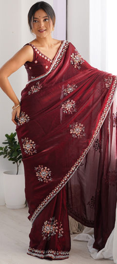 Purple and Violet color Saree in Satin Silk fabric with Bugle Beads, Sequence work