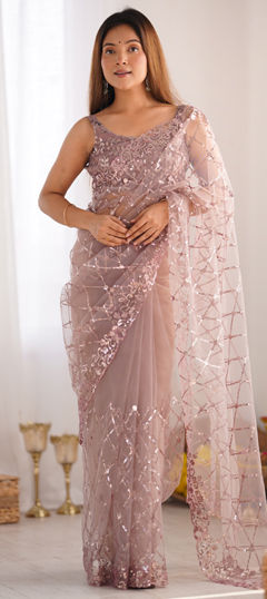 Pink and Majenta color Saree in Net fabric with Embroidered, Sequence, Thread work