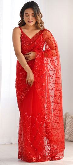 Red and Maroon color Saree in Net fabric with Embroidered, Sequence, Thread work