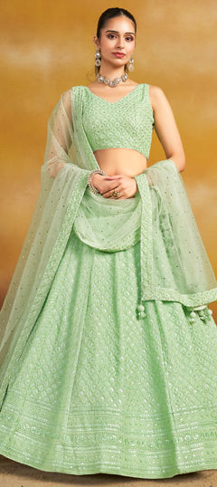 Green color Lehenga in Georgette fabric with Embroidered, Sequence, Thread work