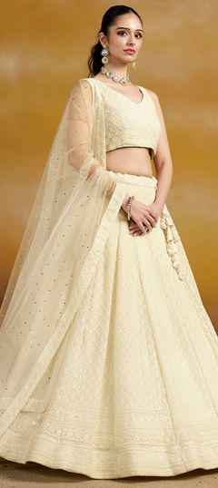 White and Off White color Lehenga in Georgette fabric with Embroidered, Sequence, Thread work