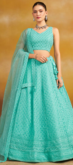 Blue color Lehenga in Georgette fabric with Embroidered, Sequence, Thread work