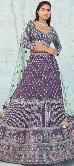 Purple and Violet color Lehenga in Georgette fabric with Sequence, Thread work