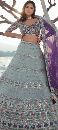 Black and Grey color Lehenga in Georgette fabric with Sequence, Thread work