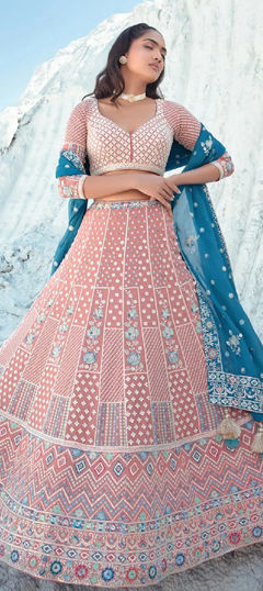 Pink and Majenta color Lehenga in Georgette fabric with Sequence, Thread work