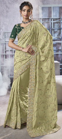 Green color Saree in Georgette fabric with Bugle Beads, Moti, Thread, Zari work