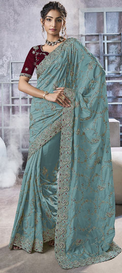 Green color Saree in Georgette fabric with Bugle Beads, Moti, Thread, Zari work