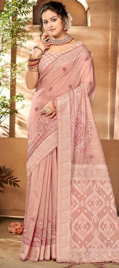 Green color Saree in Cotton fabric with Embroidered, Resham, Thread, Weaving work