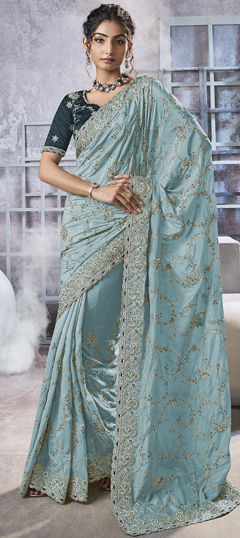 Blue color Saree in Georgette fabric with Bugle Beads, Moti, Thread, Zari work