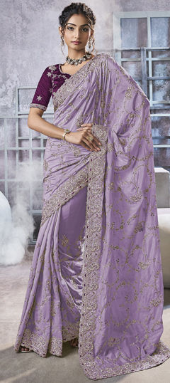 Purple and Violet color Saree in Georgette fabric with Bugle Beads, Moti, Thread, Zari work
