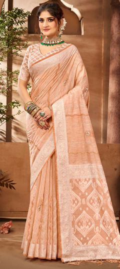 Orange color Saree in Cotton fabric with Embroidered, Resham, Thread, Weaving work