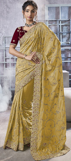 Yellow color Saree in Georgette fabric with Bugle Beads, Moti, Thread, Zari work