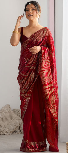 Red and Maroon color Saree in Georgette fabric with Embroidered, Sequence, Thread work