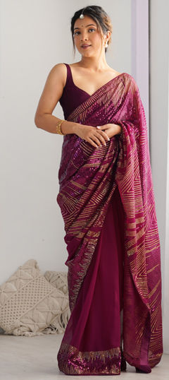 Pink and Majenta color Saree in Georgette fabric with Embroidered, Sequence, Thread work