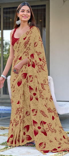Beige and Brown color Saree in Cotton fabric with Printed work
