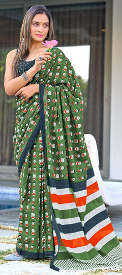 Green color Saree in Cotton fabric with Printed work