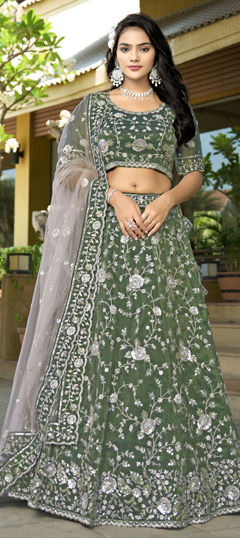 Green color Lehenga in Tissue fabric with Border, Embroidered, Resham, Sequence, Stone, Zari work