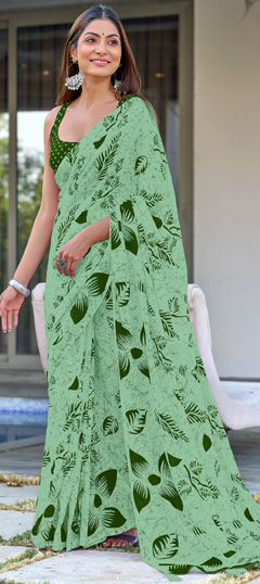 Green color Saree in Cotton fabric with Printed work