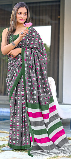 Black and Grey color Saree in Cotton fabric with Printed work