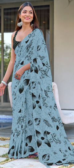 Blue color Saree in Cotton fabric with Printed work