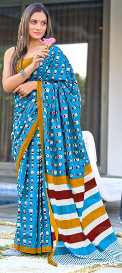 Blue color Saree in Cotton fabric with Printed work