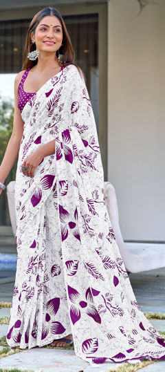 White and Off White color Saree in Cotton fabric with Printed work