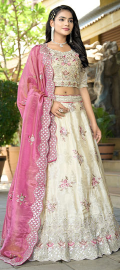 Beige and Brown color Lehenga in Jacquard fabric with Border, Embroidered, Resham, Sequence, Stone, Zari work