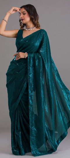 Blue color Saree in Georgette fabric with Sequence work