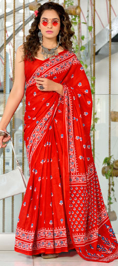 Red and Maroon color Saree in Cotton fabric with Printed work