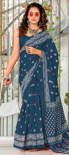 Blue color Saree in Cotton fabric with Printed work