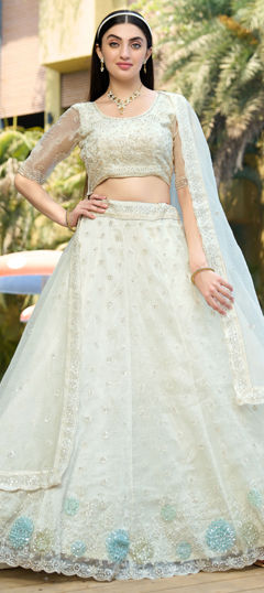 White and Off White color Lehenga in Organza Silk fabric with Border, Embroidered, Resham, Sequence, Stone, Zari work