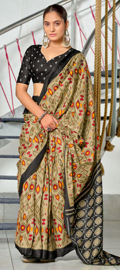 Beige and Brown color Saree in Cotton fabric with Block Print work