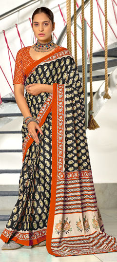 Black and Grey color Saree in Cotton fabric with Printed work
