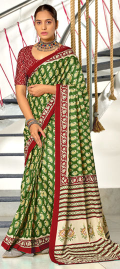 Green color Saree in Cotton fabric with Printed work