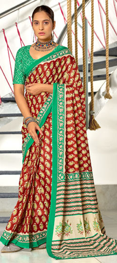Red and Maroon color Saree in Cotton fabric with Printed work