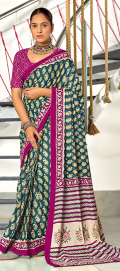 Blue color Saree in Cotton fabric with Printed work