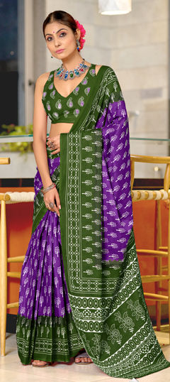 Purple and Violet color Saree in Cotton fabric with Printed work