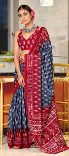 Black and Grey color Saree in Cotton fabric with Printed work