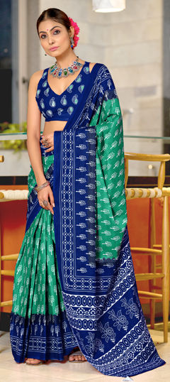 Green color Saree in Cotton fabric with Printed work