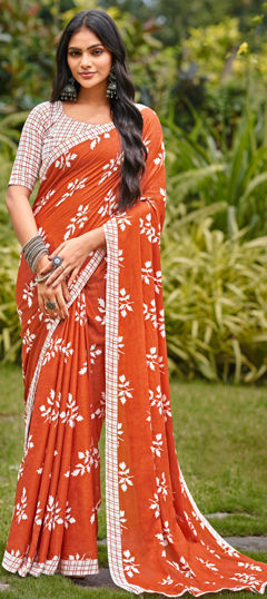 Orange color Saree in Cotton fabric with Block Print work