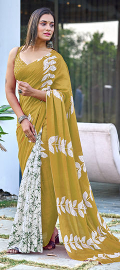 Yellow color Saree in Cotton fabric with Printed work