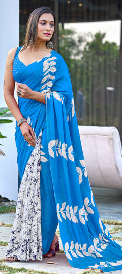 Blue color Saree in Cotton fabric with Printed work