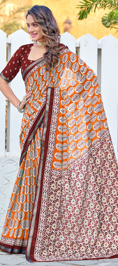 Orange color Saree in Cotton fabric with Printed work