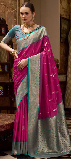 Pink and Majenta color Saree in Silk fabric with Weaving, Zari work