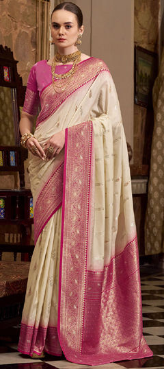 Beige and Brown color Saree in Silk fabric with Weaving, Zari work