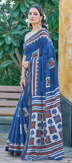 Blue color Saree in Cotton fabric with Printed work